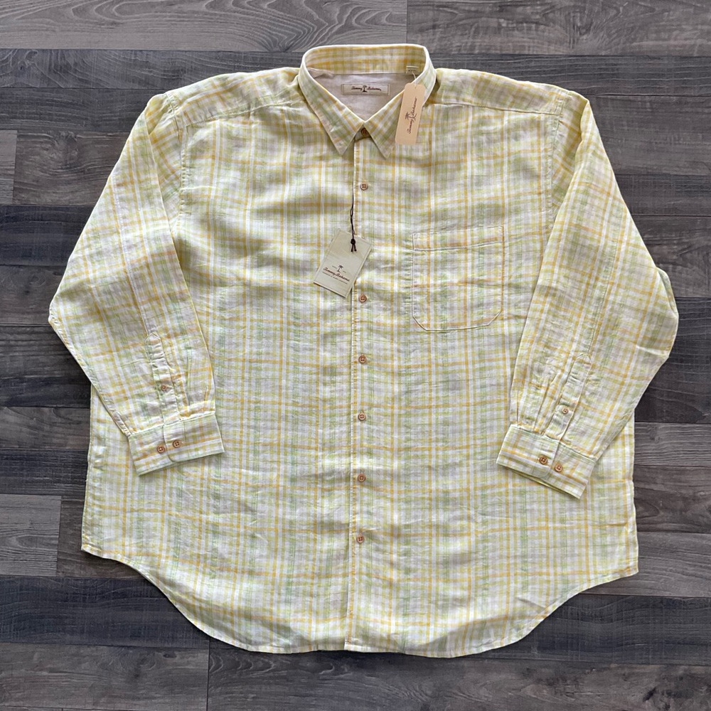 NWT Tommy Bahama Brazilian Beach Linen Shirt Men’s 3XLB Yellow Plaid Long Sleeve